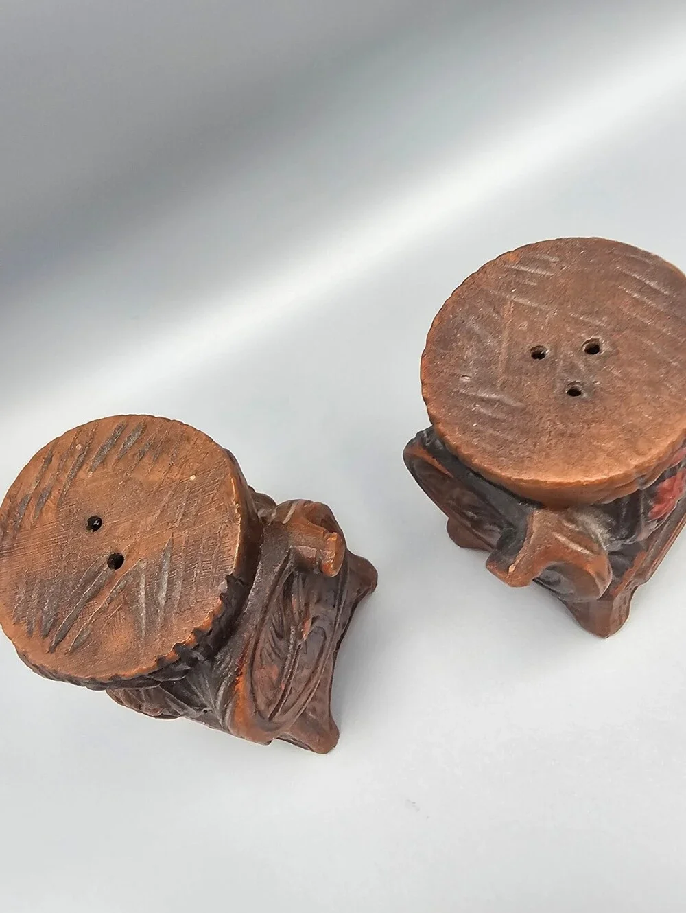 Vintage Hand-Carved Wooden Salt and Pepper Shakers with Floral Design